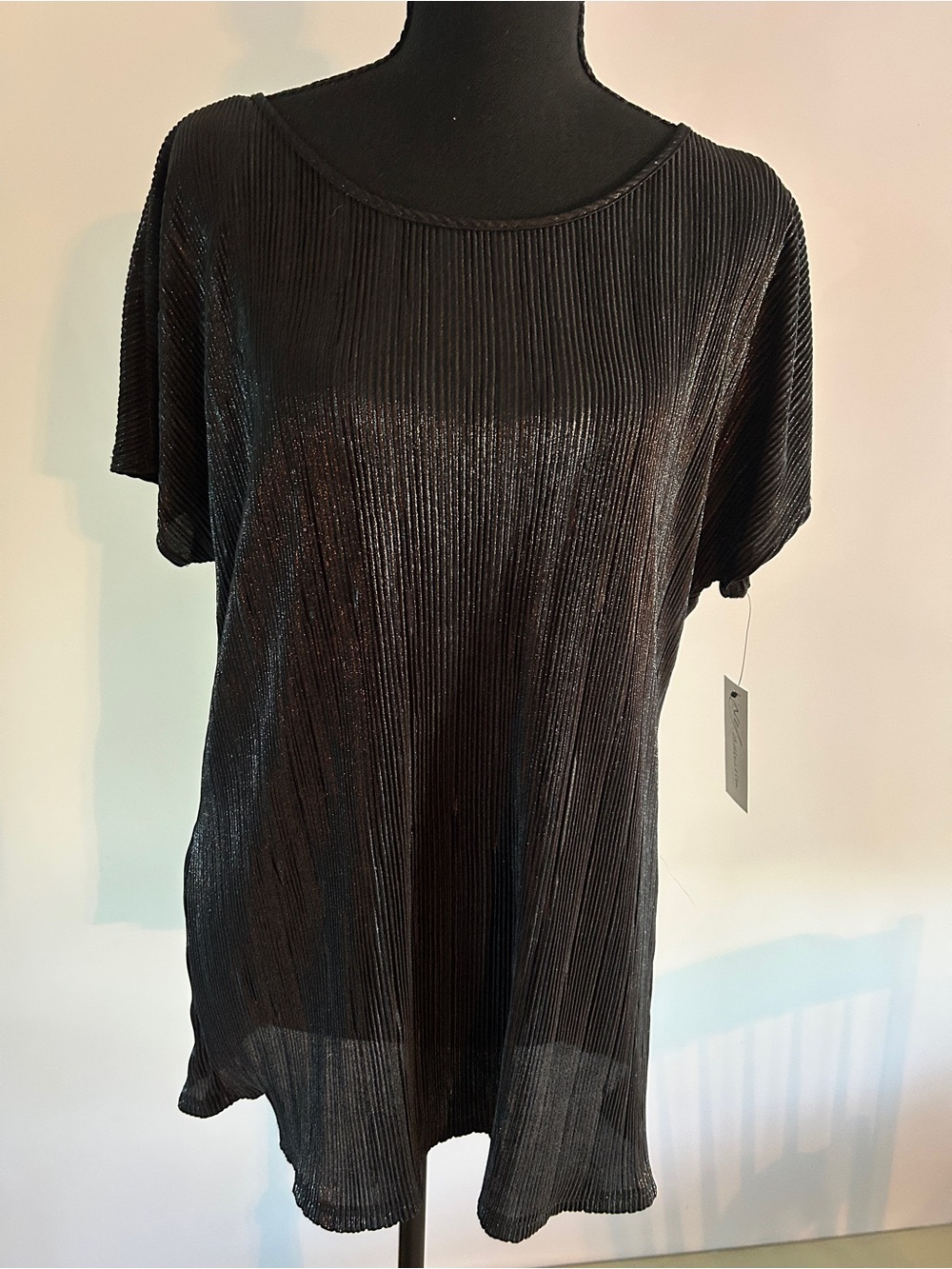 NY Collection Shimmery Black Ribbed Short Sleeve  Blouse